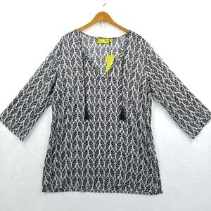 Rock Flower Paper Tunic Women L Black White Print Cotton Beach‎ Cover Up Top New